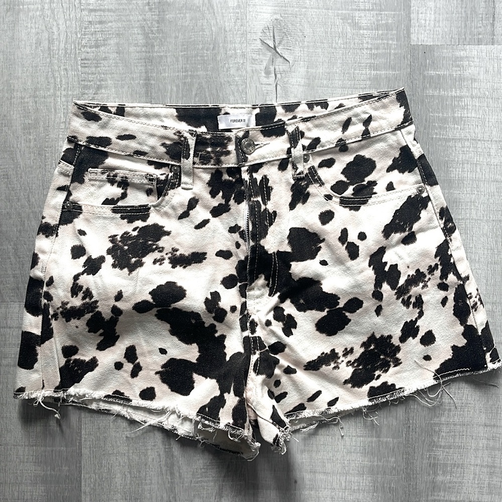 F21 Cow Printed Denim Shorts
